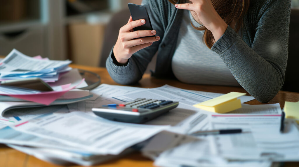 A photo of a stressed woman managing taxes on the phone with a tax advisor AI generated
